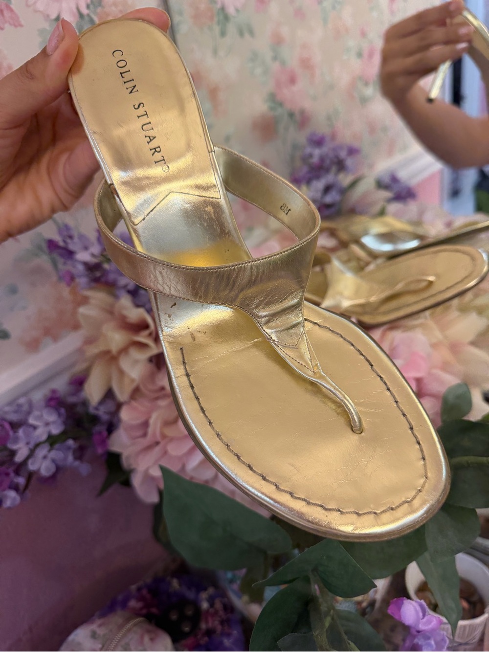 Y2K Colin Stuart Gold Leather Thong Sandals - Women's